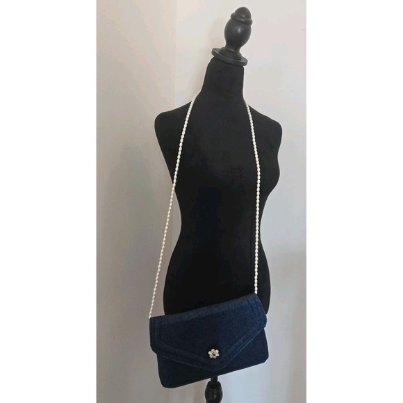 Anthropologie Velour Pearl strap Evening Cocktail Purse Black Blue Cottagecore - Picture 3 of 8